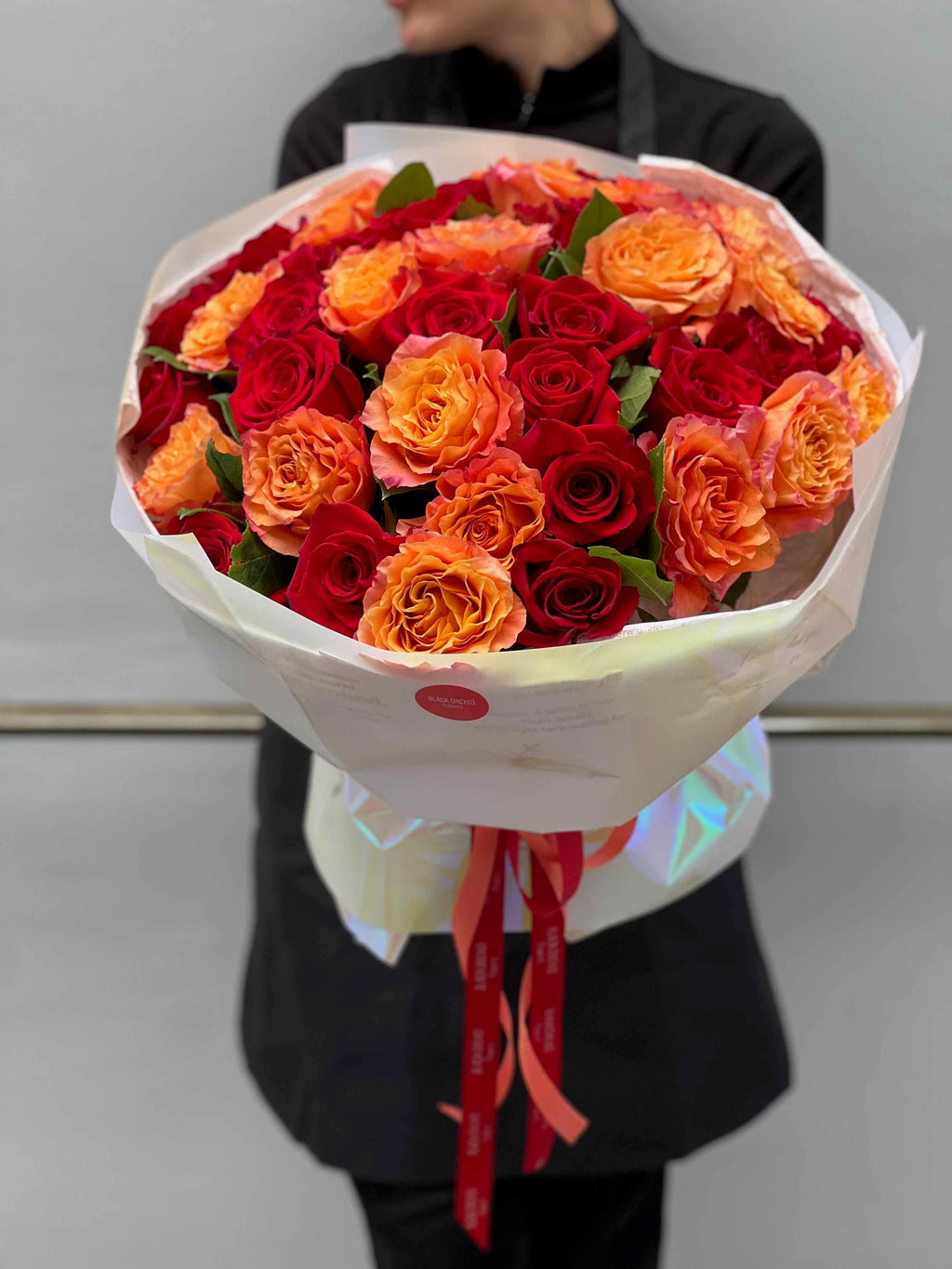 Bouquet of Red and Orange roses | Black Orchid flowers, image size:1024x1365