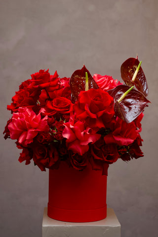 Box of love with roses and anthuriums
