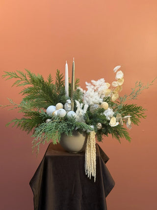 Christmas arrangement white and gold decor with candles