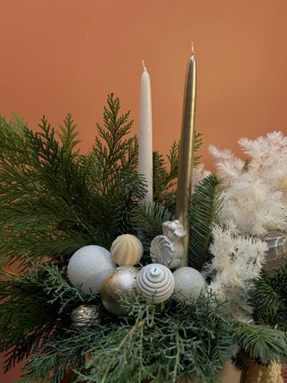 Christmas arrangement white and gold decor with candles