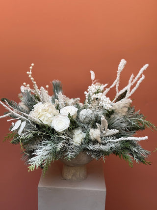 Christmas arrangement with white preserved flowers