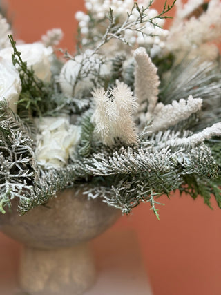 Christmas arrangement with white preserved flowers