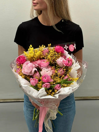 Bouquet of mimosa, tulips and ranunculus - Black Orchid Flowers