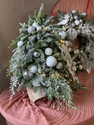 mini-christmas-tree-with-white-ornament-and-lights-black-orchid-flowers-1 - Black Orchid Flowers