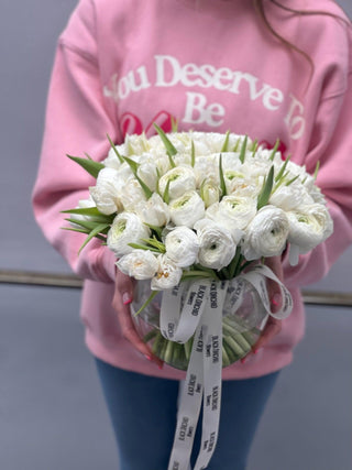 Premium white ranunculus and tulips in a vase - Black Orchid Flowers