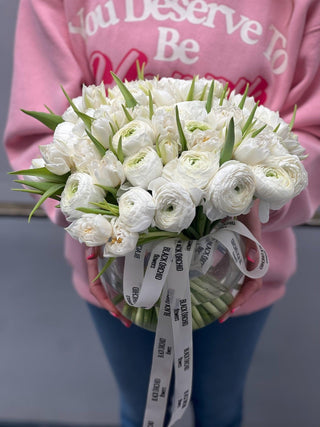 Premium white ranunculus and tulips in a vase - Black Orchid Flowers
