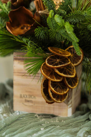 christmas-arrangement-in-square-vase-with-natural-and-brown-decor-black-orchid-flowers-3 - Black Orchid Flowers